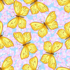 Yellow butterflies and cherry flowers. Vector seamless pattern