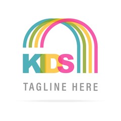 Abstract kids art logo with colorful letter and rainbow on white background.Creative design template icon for kindergarten, playground, kids centre, childrens zone, baby shop.Vector illustration.