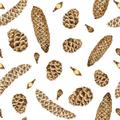 Watercolor background with cones on white. Hand drawn illustration of conifer seamless pattern. Winter backdrop for chistmas decor, holiday design and packaging.
