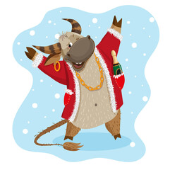 New Year's bull with a bottle of champagne in his pocket