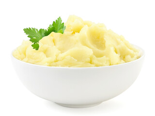 Mashed potatoes with a parsley leaf in a plate on a white background. Isolated