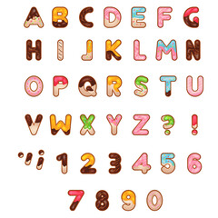 Vector Dessert Bakery alphabet font. English sweet donut alphabet. letters and numbers
