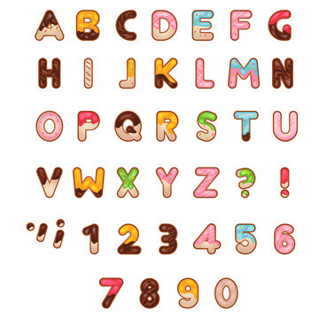 Vector Dessert Bakery Alphabet Font. English Sweet Donut Alphabet. Letters And Numbers