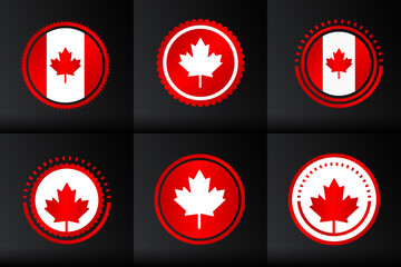 Collection of red Canadian Button icons, Canada arranges buttons with a red border on a black background