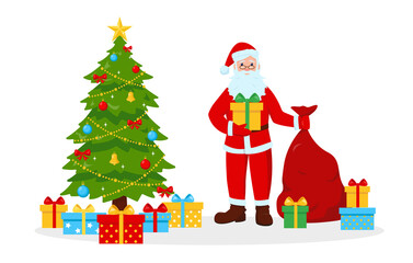 Santa Claus with big gift bag and boxes near Christmas tree