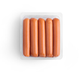 Opened transparent plastic tray of fresh raw sausages isolated on white top-view. Packaging template mockup collection. With clipping Path included.