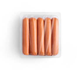 Sealable transparent plastic tray of fresh raw sausages isolated on white top-view. Packaging...