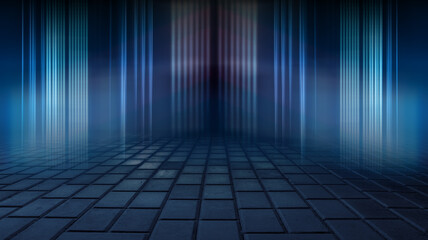 Empty background scene. Dark street reflection on wet asphalt, fog. Rays of neon light in the dark, neon figures, smoke. Background of empty stage show. Abstract dark background.