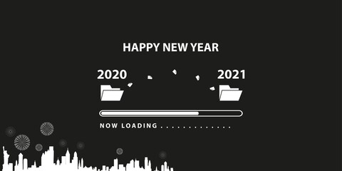 loading bar with transition from 2020 to 2021 new year. New york city silhouette on black background. Happy New Year card with progress bar. Vector illustration EPS 10