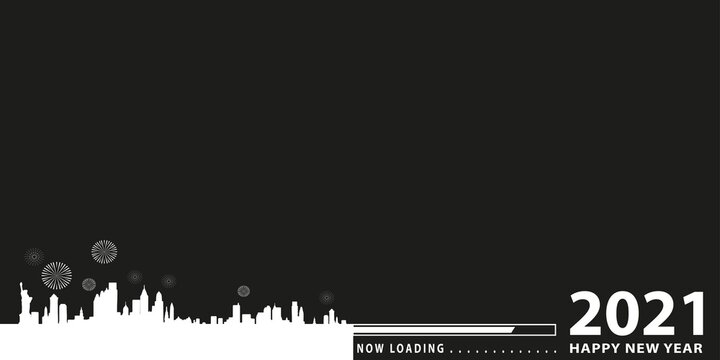 loading bar with transition from 2020 to 2021 new year. New york city silhouette on black background. Happy New Year card with progress bar. Vector illustration EPS 10