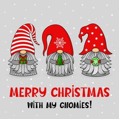 Postcard with three cartoon Christmas gnomies. Vector characters with beards. Holiday and new year symbols. Cute illustration. For postcards, invitations, flyers.