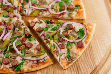Pizza top view cutted on 8 pieces and one pushed forward. Advert for pizzeria caffee and restaurant. Food delivery at quarantine covid-19 concept.