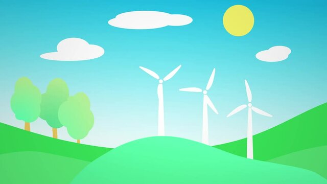 Green landscape with rotating wind mills (wind turbines). Eco energy concept. Flat design 2D motion graphic animation. UHD 4K