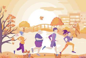 Cartoon Color Characters People and City Marathon Concept. Vector