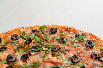 Big pizza isolated on white background. Tasty fast food at quarantine coronavirus covid-19 period. Food delivery for people who stay at home