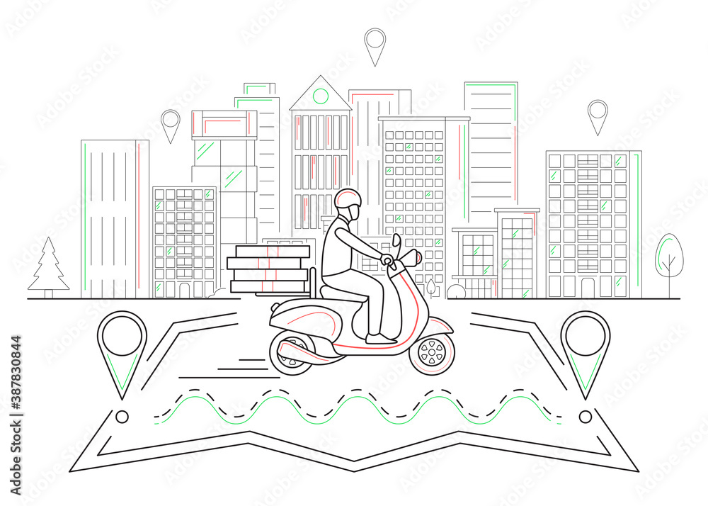 Wall mural Pizza Delivery Man Concept Contour Linear Style. Vector