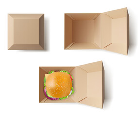 Realistic Detailed 3d Different Empty Package Box and with Burger Set. Vector