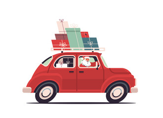 santa claus delivering gifts on red car merry christmas happy new year holidays celebration concept horizontal vector illustration