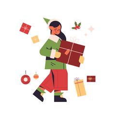 green elf girl in uniform holding gift box female cartoon character santa helper happy new year merry christmas holidays celebration concept full length vector illustration
