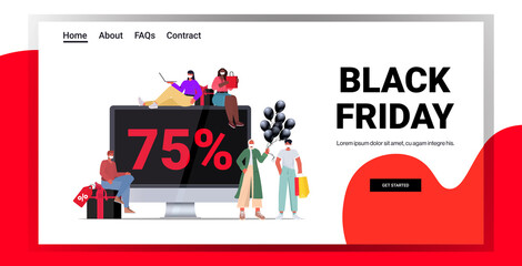 mix race people in masks with shopping bags near computer monitor buying clothes black friday big sale coronavirus quarantine concept full length horizontal copy space vector illustration