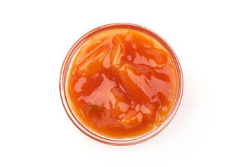 Hungarian lecho of tomatoes and sweet paprika, isolated on white background