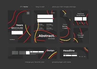 Set of black paper template corporate identity design with trendy abstract shape template layouts, include leaflet, brochure, banner, social media template for various purpose ads, editable vector.