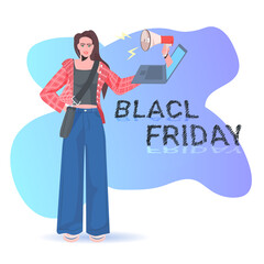 young woman holding laptop with loudspeaker black friday shopping big sale promotion concept full length vector illustration