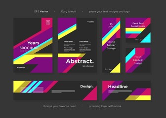 Set of black paper template corporate identity design with trendy abstract shape template layouts, include leaflet, brochure, banner, social media template for various purpose ads, editable vector.