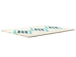 Modern light fluffy rectangular carpet with a blue geometric pattern. Contemporary rug with cotton base and high pile on white background. Mid-century, Scandinavian interior. 3d render