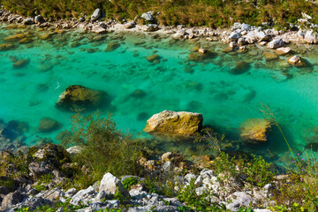 Naklejka premium Soca river, Soca Valley, Julian Alps, Municipality of Kobarid, Slovenia, Europe