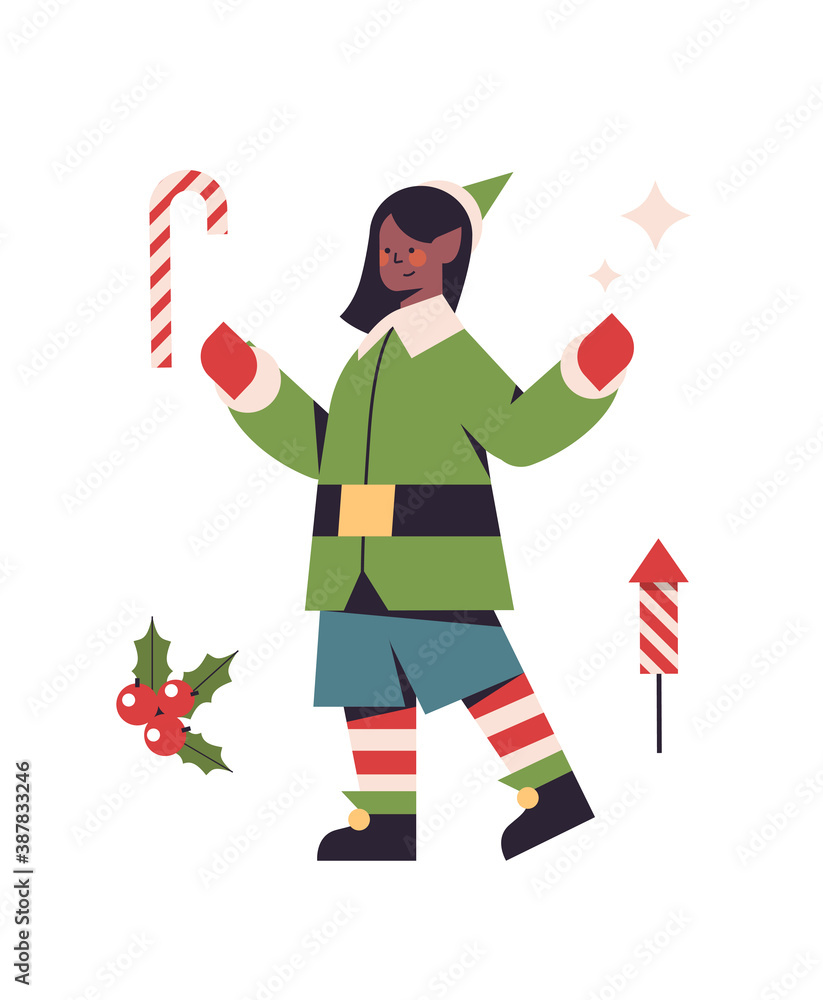 Wall mural african american christmas elf girl in uniform female cartoon character santa helper happy new year holidays celebration concept vertical full length vector illustration