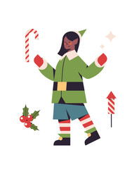 african american christmas elf girl in uniform female cartoon character santa helper happy new year holidays celebration concept vertical full length vector illustration