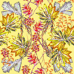 Autumn composition with maple leaves, pine cones, berries, fir and twigs, seamless pattern.