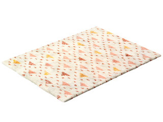 Modern light fluffy rectangular carpet with a colorful triangular pattern. Contemporary rug with cotton base and high pile on white background. Mid-century, Scandinavian interior. 3d render