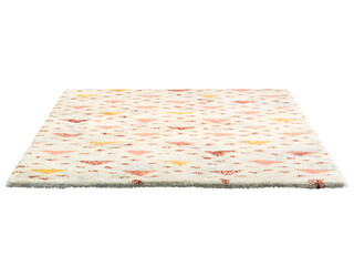 Modern light fluffy rectangular carpet with a colorful triangular pattern. Contemporary rug with cotton base and high pile on white background. Mid-century, Scandinavian interior. 3d render