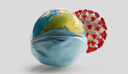 planet earth with surgical mask and Corona Virus covid-19 in the background 3d-illustration