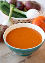 Spanish summer vegetables cold gazpacho blended soup made from tomatoes, cucumbers, onion, raw healthy vegan food