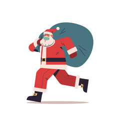 santa claus in protective mask running with sack full of gifts happy new year merry christmas holidays celebration concept full length vector illustration