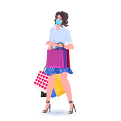 young woman in protective mask holding shopping bags black friday big sale promotion coronavirus quarantine concept full length vector illustration