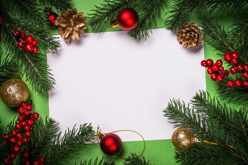 Naklejka na ściany i meble Christmas flat lay background with present box and decorations.