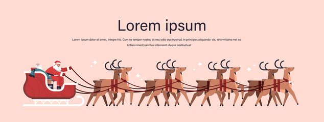 santa riding sledge with reindeers happy new year and merry christmas banner holidays celebration concept horizontal copy space vector illustration