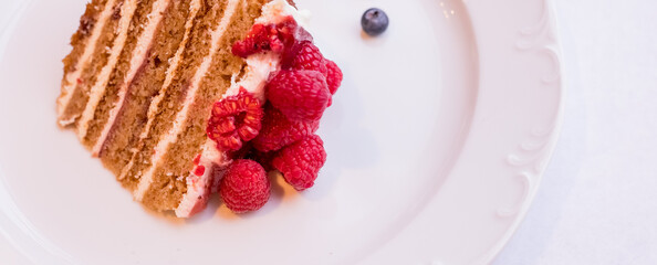 Homemade cheesecake with fresh berries .healthy organic summer dessert pie cheesecake.web Banner.A piece of chocolate berry cake in a white plate. The concept of sweets.