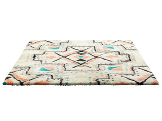 Modern light beige fluffy rectangular carpet with a colorful geometric pattern. Contemporary rug with cotton base and high pile on white background. Mid-century, Scandinavian interior. 3d render
