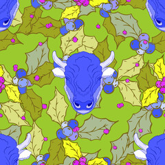 Bull's head and holly leaves with berries. Seamless vector pattern. Festive background. The symbol of the New Year.