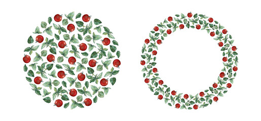 Green basil twigs and leaves and red cherry tomatoes, isolated on white. Set of two round watercolour painted designs. For recipe, textile, cookbook, menu and packaging design.