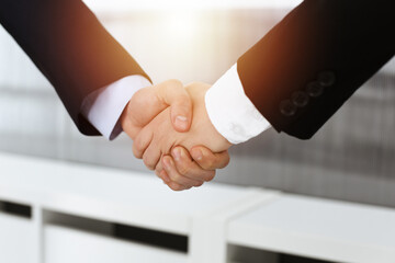 Businessman and woman shaking hands in sunny office, close-up. Concept of handshake as success symbol in business