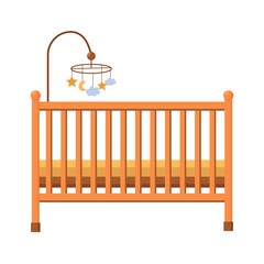 Baby bed, cradle in colours furniture for children bedroom isolated on white background in flat style with hanging mobile vector illustration