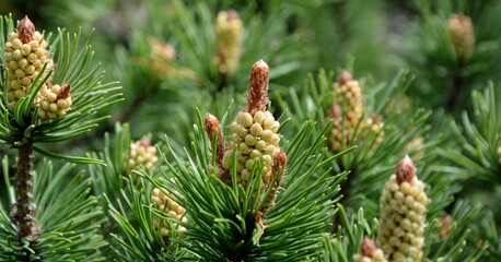 Pine cones of pinus mugo in the garden closeup
