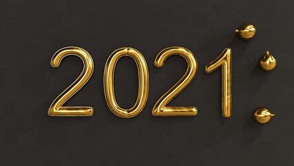 2021 happy New year on a black concrete background, 2021 numbers from balloons. 3D rendering.