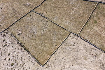 Obraz premium POVLJANA, PAG, CROATIA - OCTOBER 2020. - Aerial view of dry stone wall systems built for sheep breeding. Karst landscape. Regular pattern. 